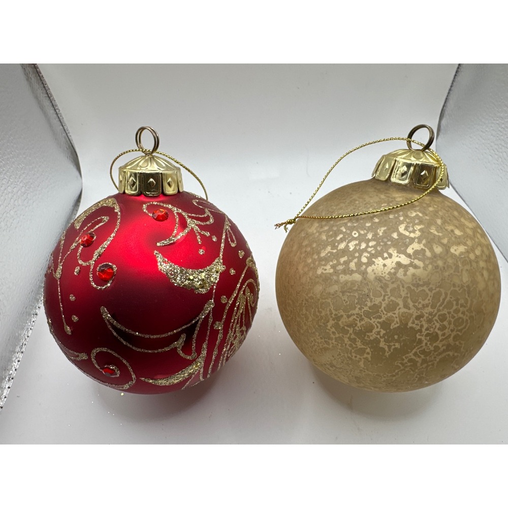 Red Gold Glass Christmas Ball Ornaments Glitter Rhinestone Mercury Glass Set 2